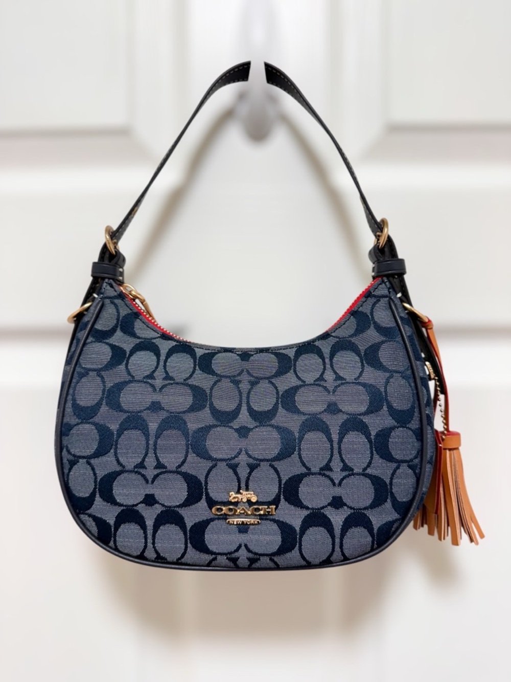 Coach Kleo Small Shoulder Bag Blue Signature Chambray Navy Leather C8163